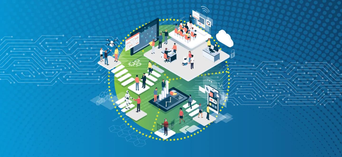 Various technology trends, including a group of people in a meeting, robots, cloud computing, and digital interfaces on a circuit board-inspired background.