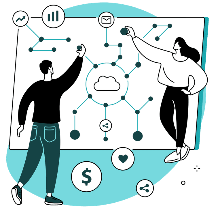 Individuals interact with solutions architecture diagram, showcasing Mapapa Solutions' expertise in complex system design in South Africa. Illustrates components like cloud storage, messaging, analytics.