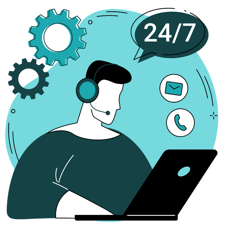 Customer support representative providing 24/7 assistance, surrounded by communication icons and gears, symbolizing Mapapa’s continuous and efficient service in Cloud Migration and DevOps.