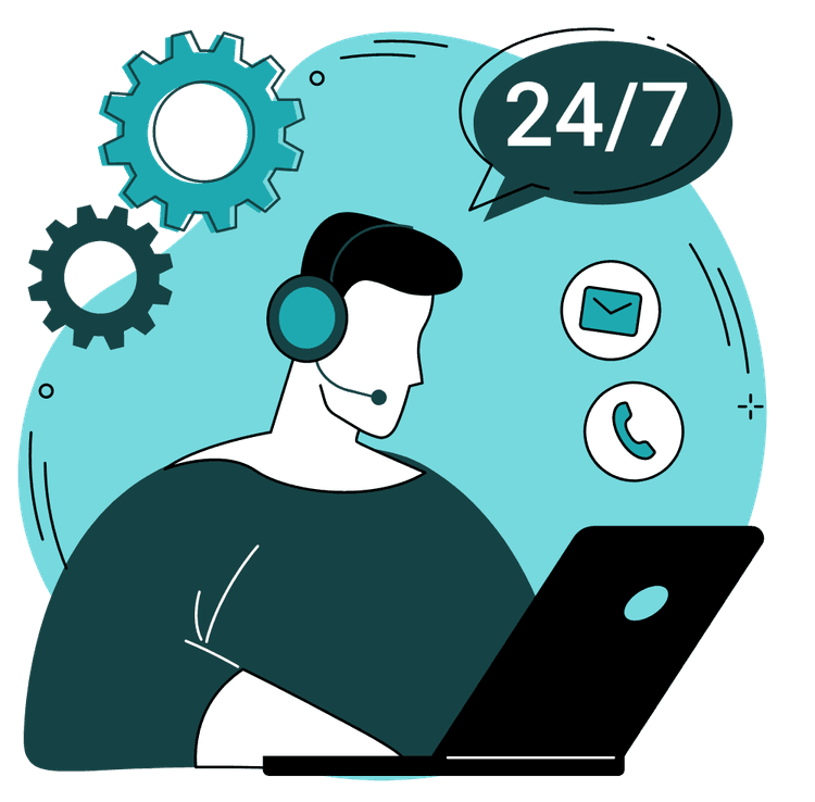 Customer support representative providing 24/7 assistance, surrounded by communication icons and gears, symbolizing Mapapa’s continuous and efficient service in Cloud Migration and DevOps.