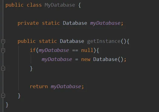 Cropped IntelliJ IDE showing a singleton implementation of a database object